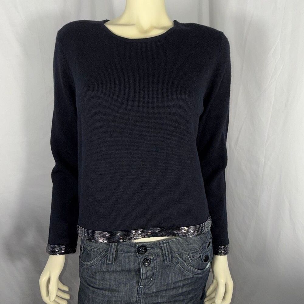 Jones New York 100% Merino Wool Black Sweater w/ Sequin Trim — Size M — New w/ T